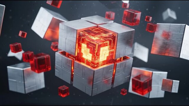 Abstract 3D metallic cube with glowing red core and floating parts