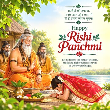 Happy Rishi Panchami with Hindu Sages and Devotee Performing Puja