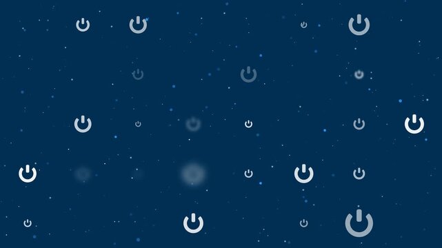 Template animation of evenly spaced power button symbols of different sizes and opacity. Animation of transparency and size. Seamless looped 4k animation on dark blue background with stars