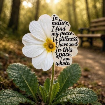 A white primrose flower gracefully stands in a tranquil forest scene, accompanied by a motivational quote and a softly blurred backdrop of trees and a bench 