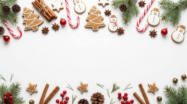 Festive christmas border with sweets pine branches and ornaments on white background