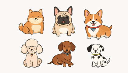 Obraz premium Cute cartoon dogs collection various breeds illustration