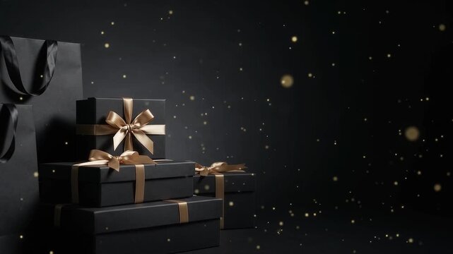 Gift boxes tied with gold ribbons stand stacked beside a shopping bag on a dark background.