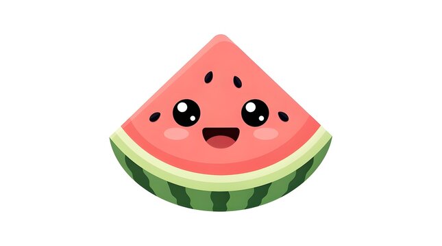 Watermelon slice character smiles cheerfully with cute eyes and seeds on a clean white background.