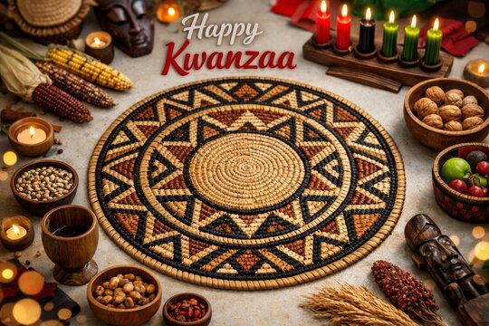 Festive kwanzaa woven centerpiece with kinara candles maize and communal ritual elements for holiday table background and banner design