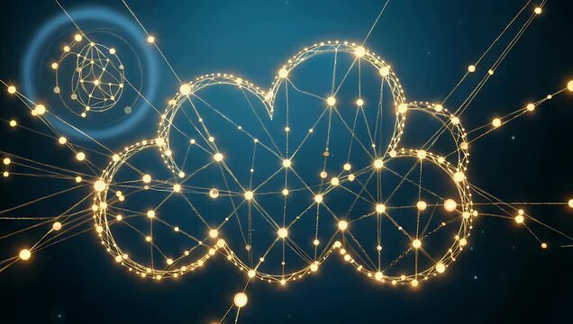 Visualize the future of technology with dynamic 3D digital 4K animation which features a cloud icon constructed from glowing golden contacts and flashing lights representing high-tech network