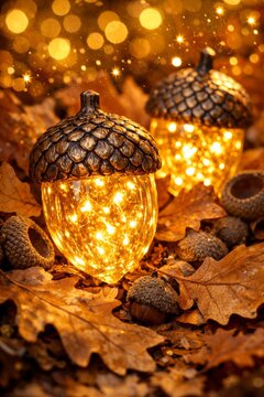 Glowing acorn shaped fairy lights among autumn leaves cozy fall decoration background for seasonal banner poster and table styling