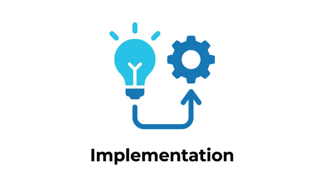 Minimalist blue lightbulb and gear icon graphic representing business strategy implementation in a modern flat style