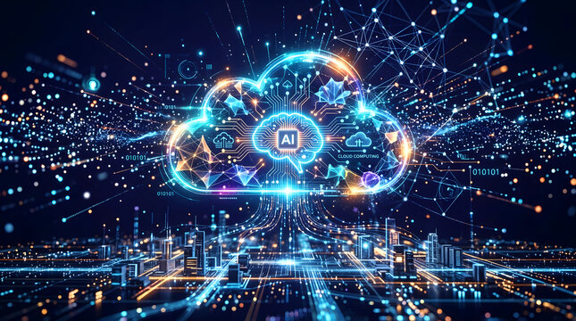 Artificial intelligence cloud computing network floating above a high tech city with AI technology digital brain data cloud smart city future technology