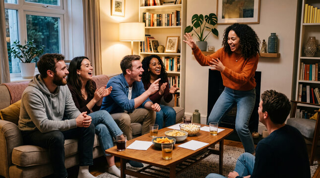 Friends enjoying a lively indoor game night with snacks and drinks