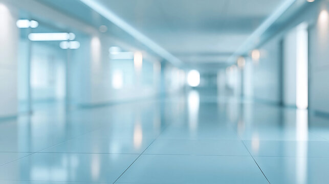 Defocused abstract hospital corridor with cool white lighting, moving silhouettes, soft reflections, healthcare background, medical facility concept, minimalist commercial