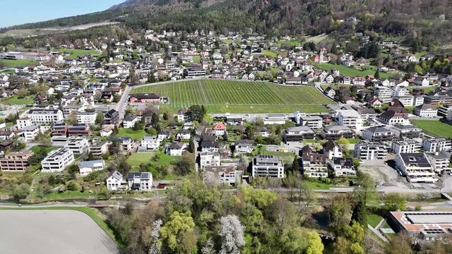vineyard field rows vaduz town rooftops aerial pan plowed farmland foreground snow capped alps mountain backdrop forested hillside residential streets rhine valley liechtenstein drone footage