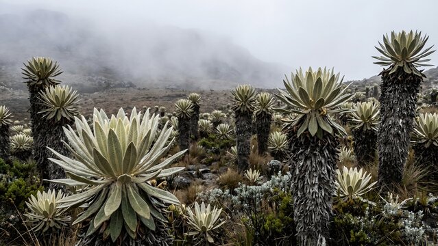 Surreal Frailejones Plants Standing in a Misty High Altitude Paramo