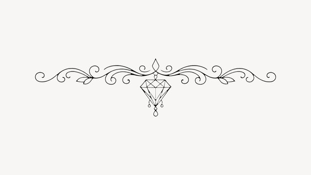 Elegant line art design with a central diamond and swirling patterns.