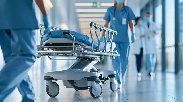 Medical stretcher being transported through a hospital corridor by healthcare workers, emergency patient care, hospital logistics, urgent treatment, motion blur, faceless