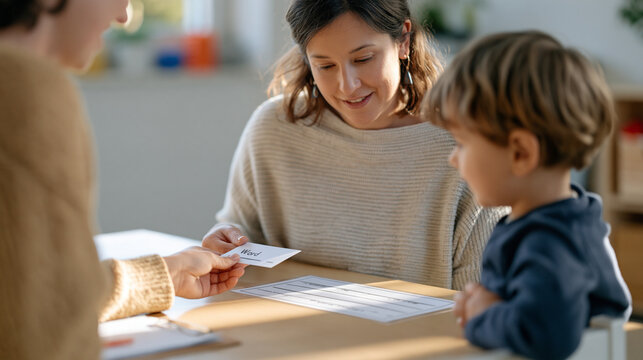 A speech-language pathologist holding up a word card beside a laminated sentence strip during an articulation and reading session with a preschooler, therapy room close-up,