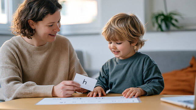 A speech-language pathologist holding up a word card beside a laminated sentence strip during an articulation and reading session with a preschooler, therapy room close-up,