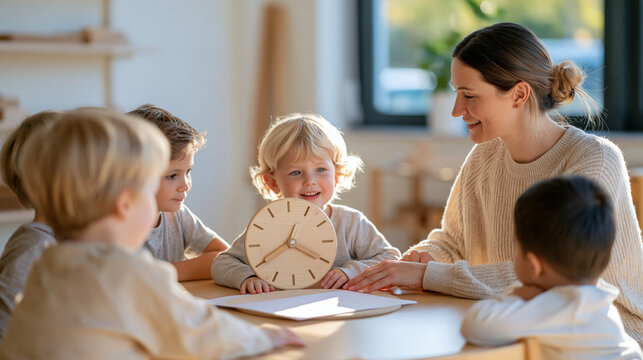 Wooden clock face with movable hands on a schoolroom table, a middle aged teacher guiding a small group of children in reading time, telling time resource, early math, Montessori