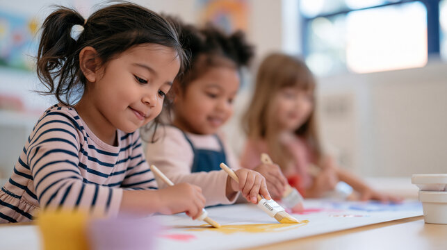 Young children in a preschool art room using chunky brushes to paint large collaborative mural on a long roll of paper spread on the floor, teamwork creative project, hands-on