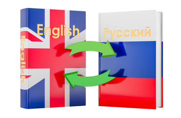 Fototapeta premium English and Russian books with arrows, language translation concept. 3D rendering