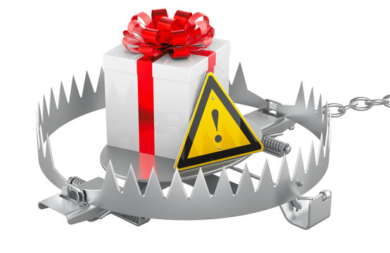 Gift box in bear trap with warning sign dangerous offer concept. 3D rendering