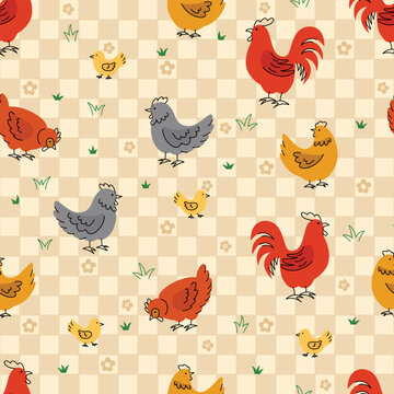 Seamless rooster, hen and chicks with flowers. Childish flat cartoon vector