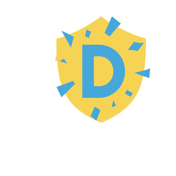 Yellow shield with blue letter D and geometric shapes