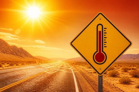 Scorching sun blazes overhead. Yellow road sign warns of extreme heat. Desert road stretches into distant hills. Worn asphalt gleams under fierce light. Empty highway invites silent travel