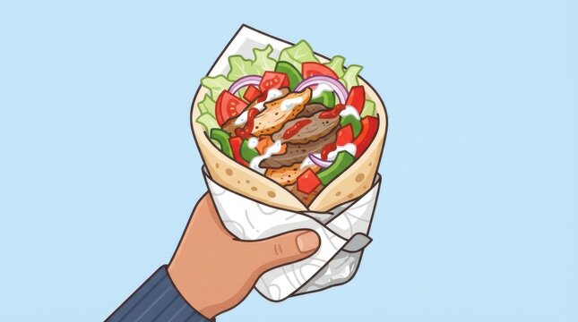 Hand holding a delicious doner kebab wrap with meat and vegetables illustration