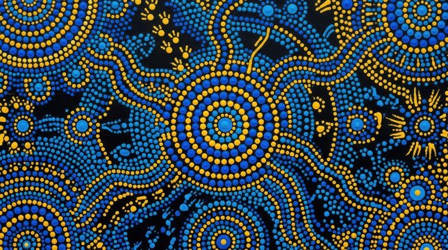 Aboriginal style dot painting with concentric circles and animal motifs