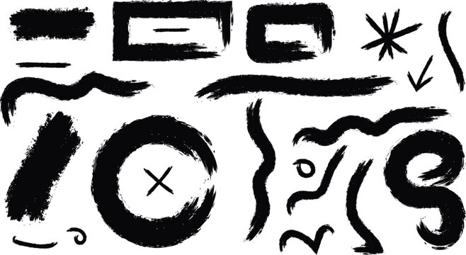 Collection of hand drawn black brush strokes, circles, lines, and abstract shapes vector