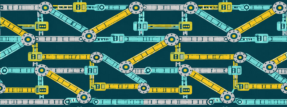 Industrial robotic arms pattern, automated factory machinery background, mechanical assembly line illustration in teal and yellow