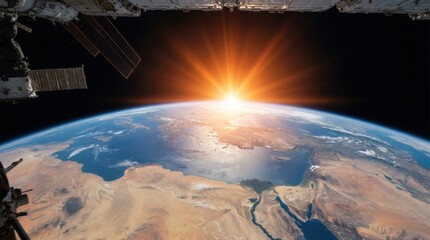 Fototapeta premium Sunrise over planet Earth viewed from space with a space station in foreground