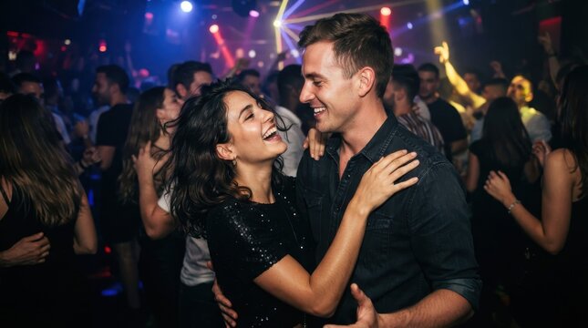 Happy young couple dancing together in a crowded nightclub