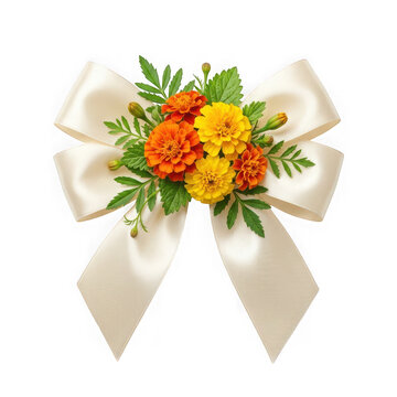 Elegant cream satin bow decorated with vibrant orange and yellow marigold flowers isolated on transparent background