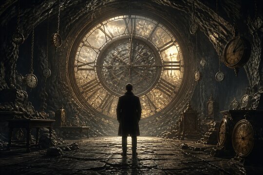 Silhouetted figure stands before colossal, ancient clock. Dripping water and rusted gears surround the scene. Dim light filters through the clock's fractured glass. Time feels heavy, forgotten