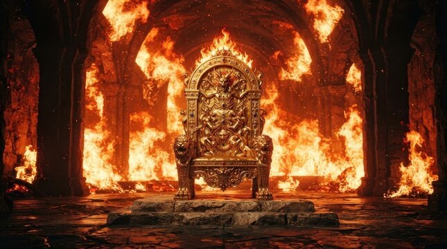 Ornate golden throne in a stone chamber engulfed in bright roaring fire