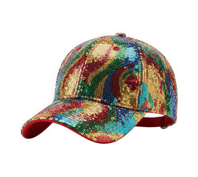 Colorful sequin baseball cap with a vibrant abstract pattern isolated on transparent background
