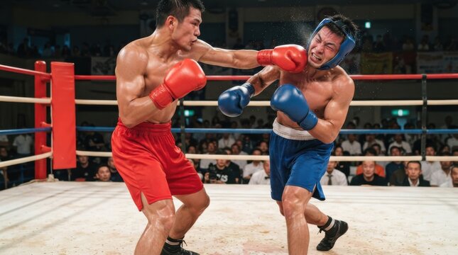 Two male boxers competing in a boxing ring, one landing a punch