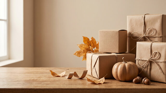 Kraft Gift Boxes, Pumpkin and Autumn Leaves by Sunlit Window