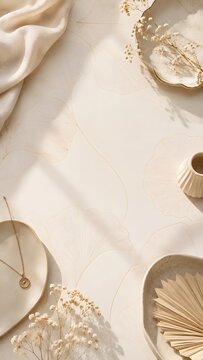 Wedding, dress, bride aesthetic flat lay composition on a soft neutral background