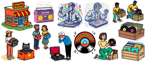 Fototapeta premium A vibrant collection of retro music elements including vinyl records turntables a record store boomboxes and people enjoying music