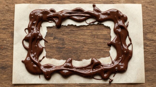 Chocolate frame on parchment paper and wooden table