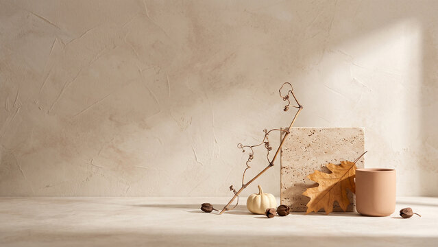 Minimal Autumn Still Life with Dried Branch and Ceramic Vessel