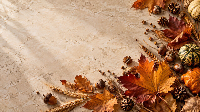 Autumn Leaves and Pumpkins Framing Beige Copy Space