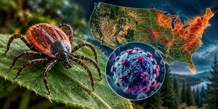 Powassan Virus Infection Concept with Tick Vector, Viral Particle