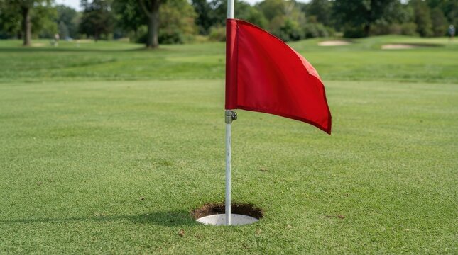 Red flag in a hole on a green golf course