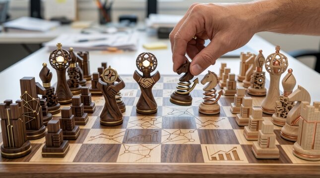 Person moving a unique wooden chess piece on a custom business themed board