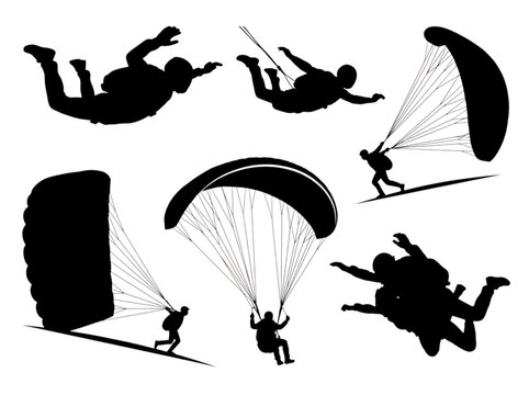 Silhouettes of skydivers and paragliders in various action poses set on white background