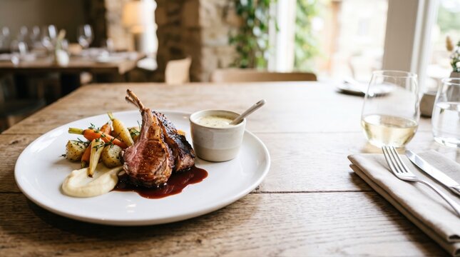 Gourmet lamb chops with roasted vegetables and sauce on a restaurant table. Elegant fine dining experience for upscale cuisine, special occasions, and culinary marketing.